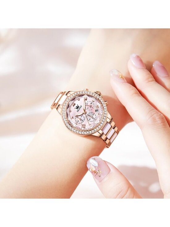 Olevs Women\'s Pink Skeleton Diamond Rose Gold Automatic Elegant Luxury Watch